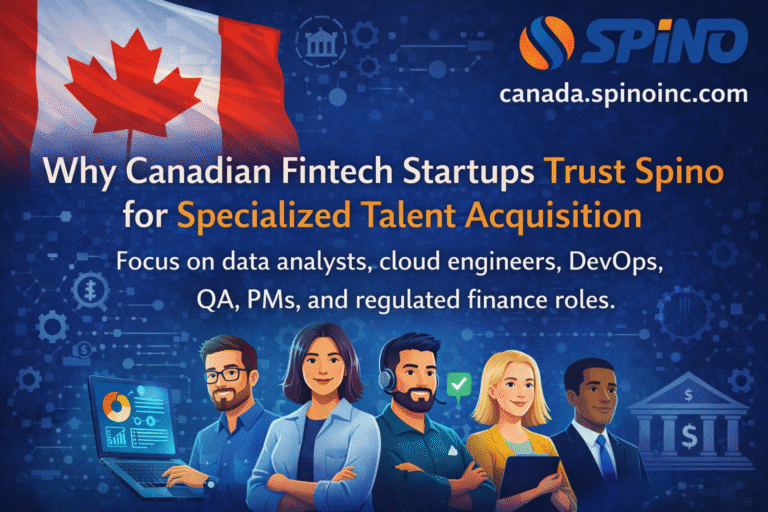 A team of specialized developers and data analysts working at a Canadian fintech startup, representing Spino's expert talent acquisition services.