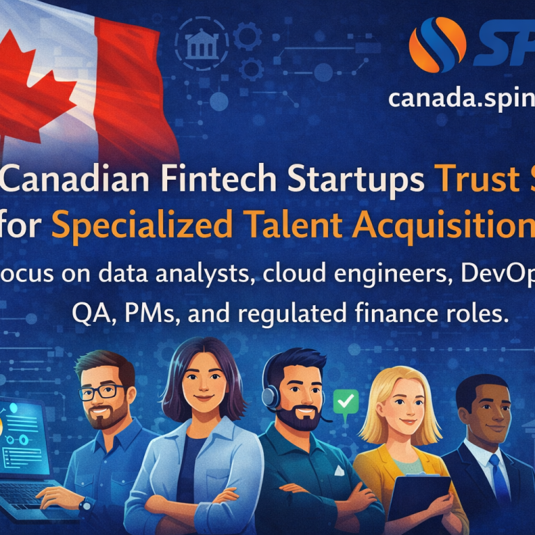 A team of specialized developers and data analysts working at a Canadian fintech startup, representing Spino's expert talent acquisition services.